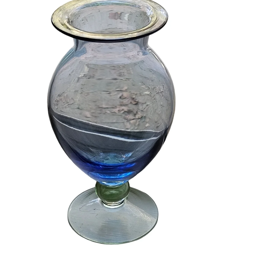 Elegant blue and green glass footed vase.